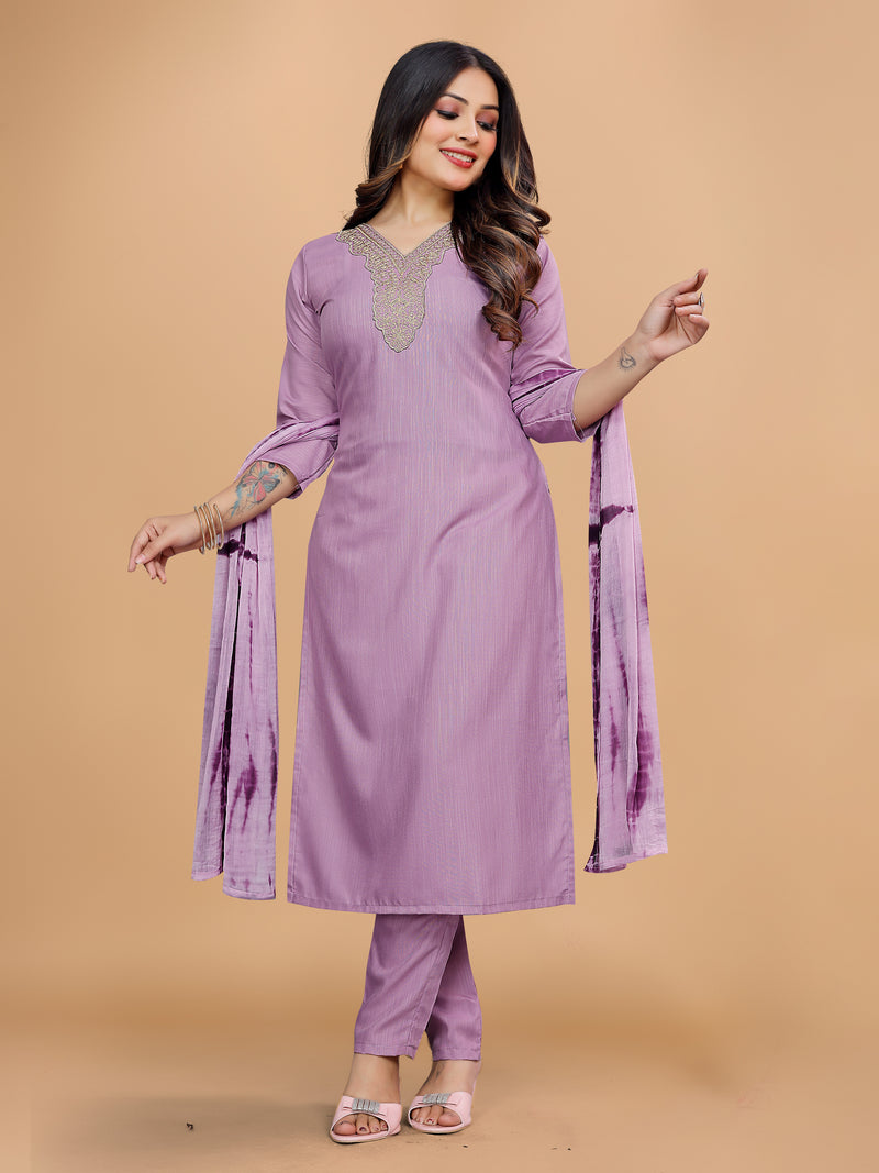 Women's Elegants Lavender Rayon Slub Sraight Suit Set with Tie-Dye Dupatta