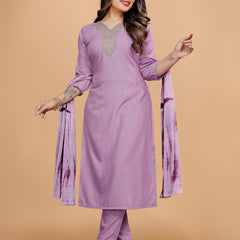 Women's Elegants Lavender Rayon Slub Sraight Suit Set with Tie-Dye Dupatta