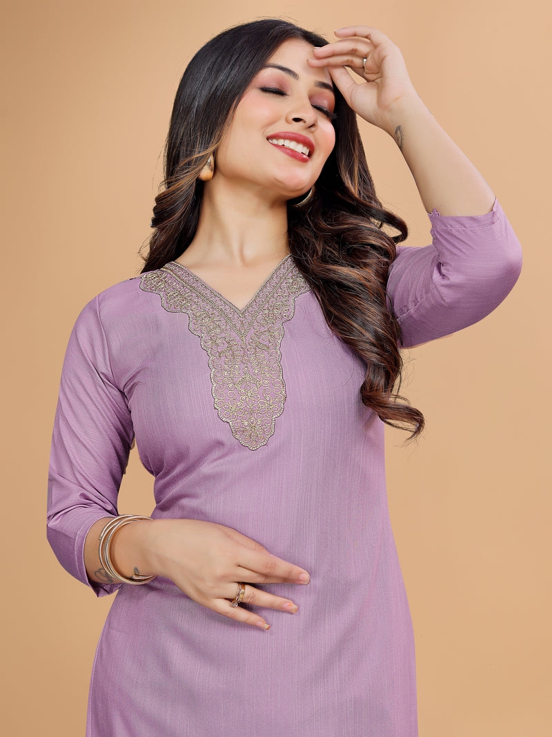 Women's Elegants Lavender Rayon Slub Sraight Suit Set with Tie-Dye Dupatta