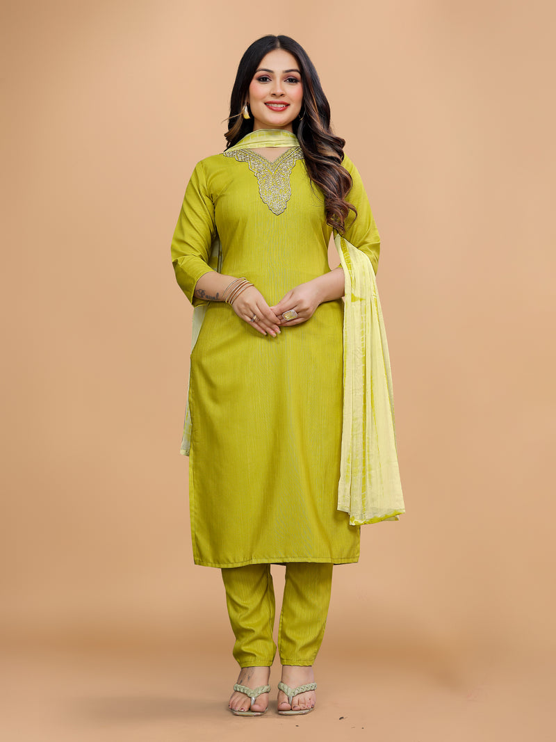 Women's Elegants Liril Rayon Slub Sraight Suit Set with Tie-Dye Dupatta