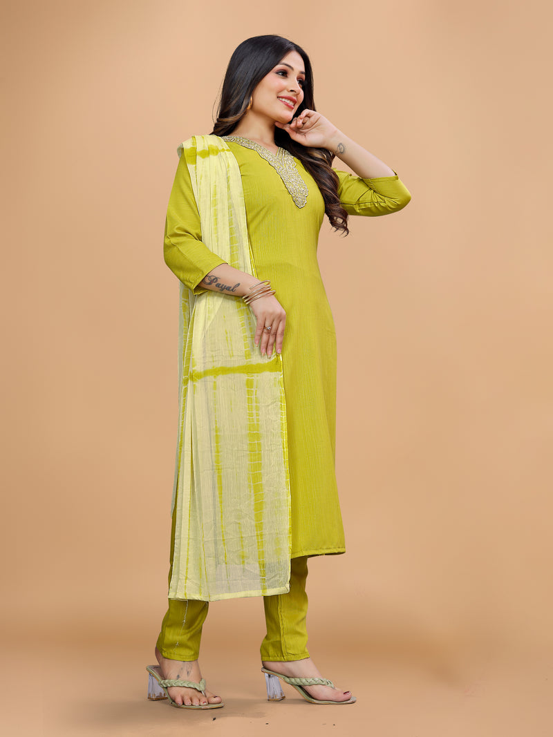 Women's Elegants Liril Rayon Slub Sraight Suit Set with Tie-Dye Dupatta