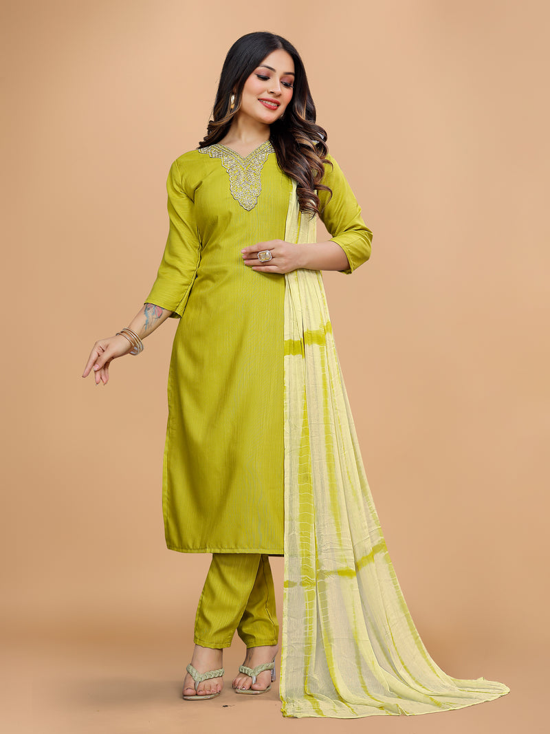 Women's Elegants Liril Rayon Slub Sraight Suit Set with Tie-Dye Dupatta