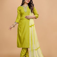 Women's Elegants Liril Rayon Slub Sraight Suit Set with Tie-Dye Dupatta