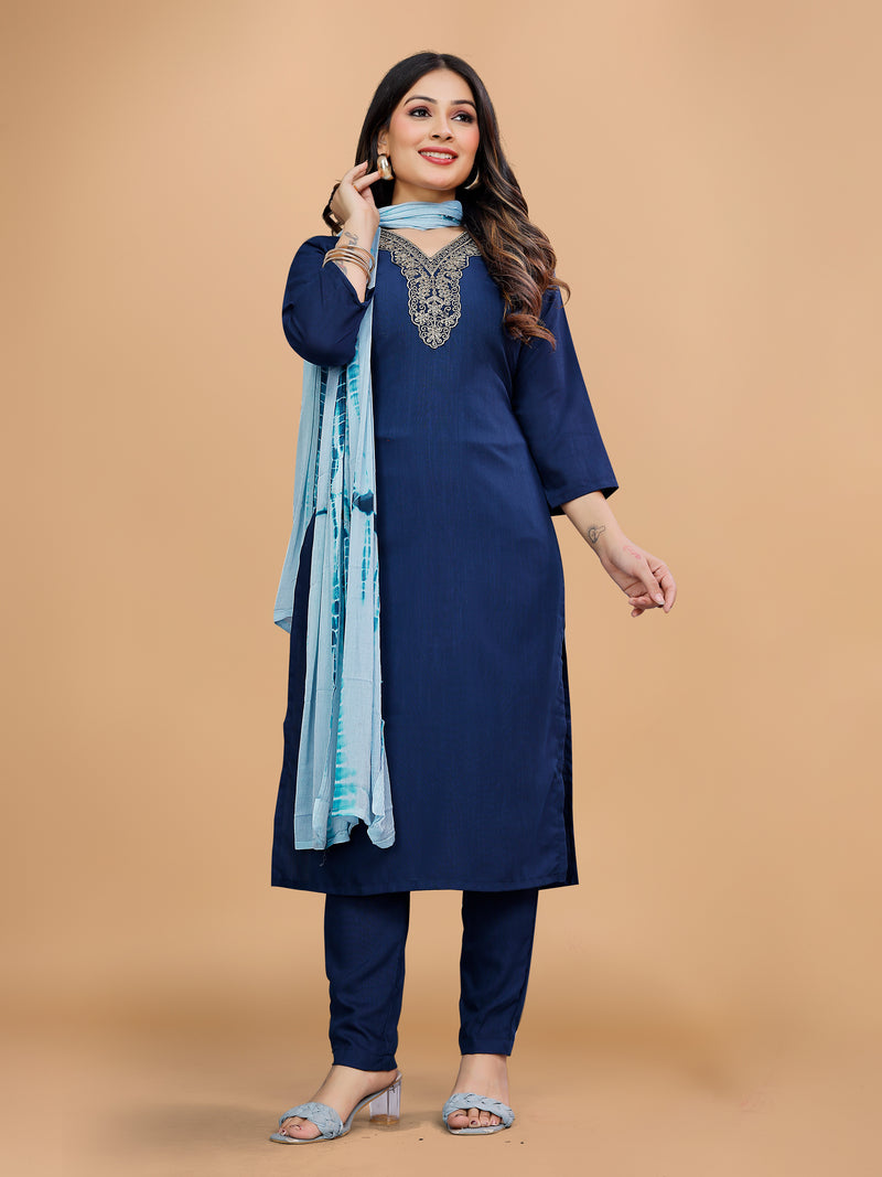 Women Embroidered Straight Kurta Suit Set