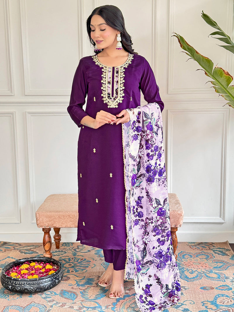 Floral Embroidered Sequinned Chanderi Silk Kurta with Trouser & Dupatta