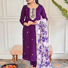Floral Embroidered Sequinned Chanderi Silk Kurta with Trouser & Dupatta