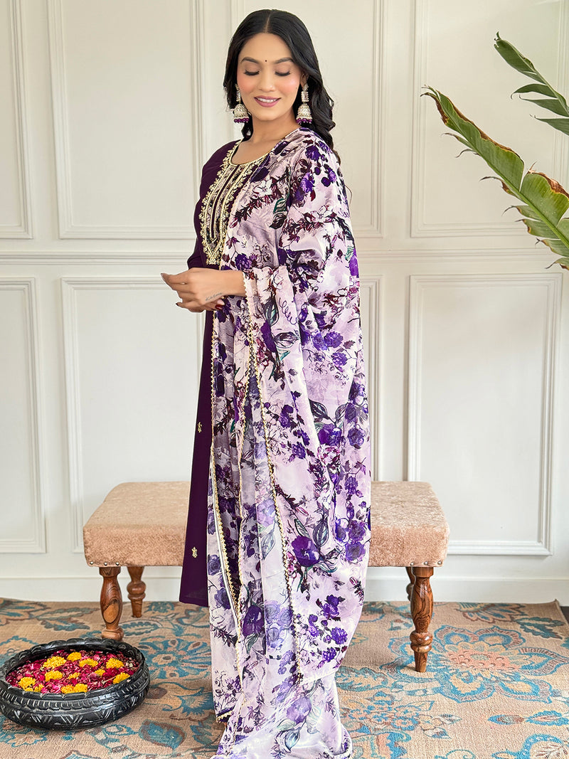 Floral Embroidered Sequinned Chanderi Silk Kurta with Trouser & Dupatta