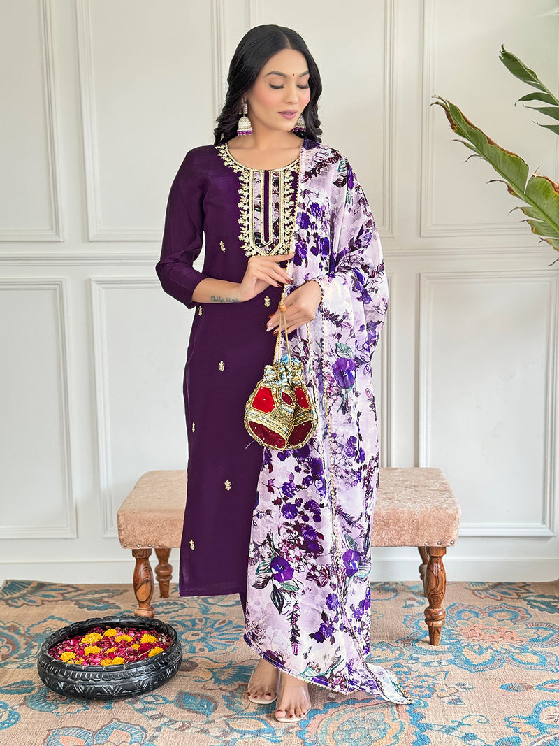 Floral Embroidered Sequinned Chanderi Silk Kurta with Trouser & Dupatta