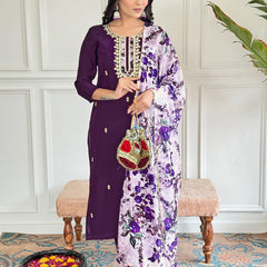 Floral Embroidered Sequinned Chanderi Silk Kurta with Trouser & Dupatta