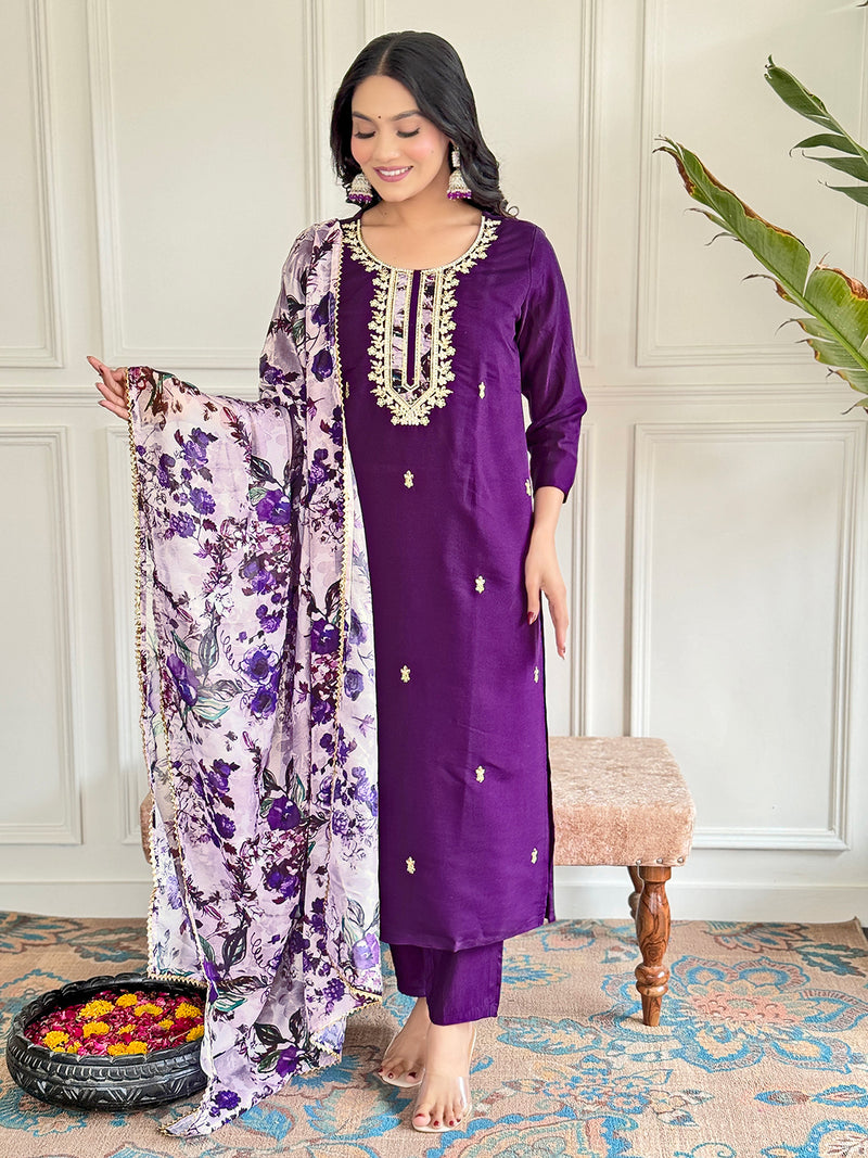 Floral Embroidered Sequinned Chanderi Silk Kurta with Trouser & Dupatta