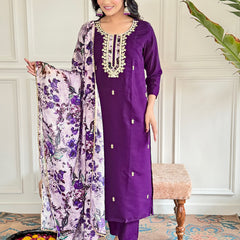 Floral Embroidered Sequinned Chanderi Silk Kurta with Trouser & Dupatta