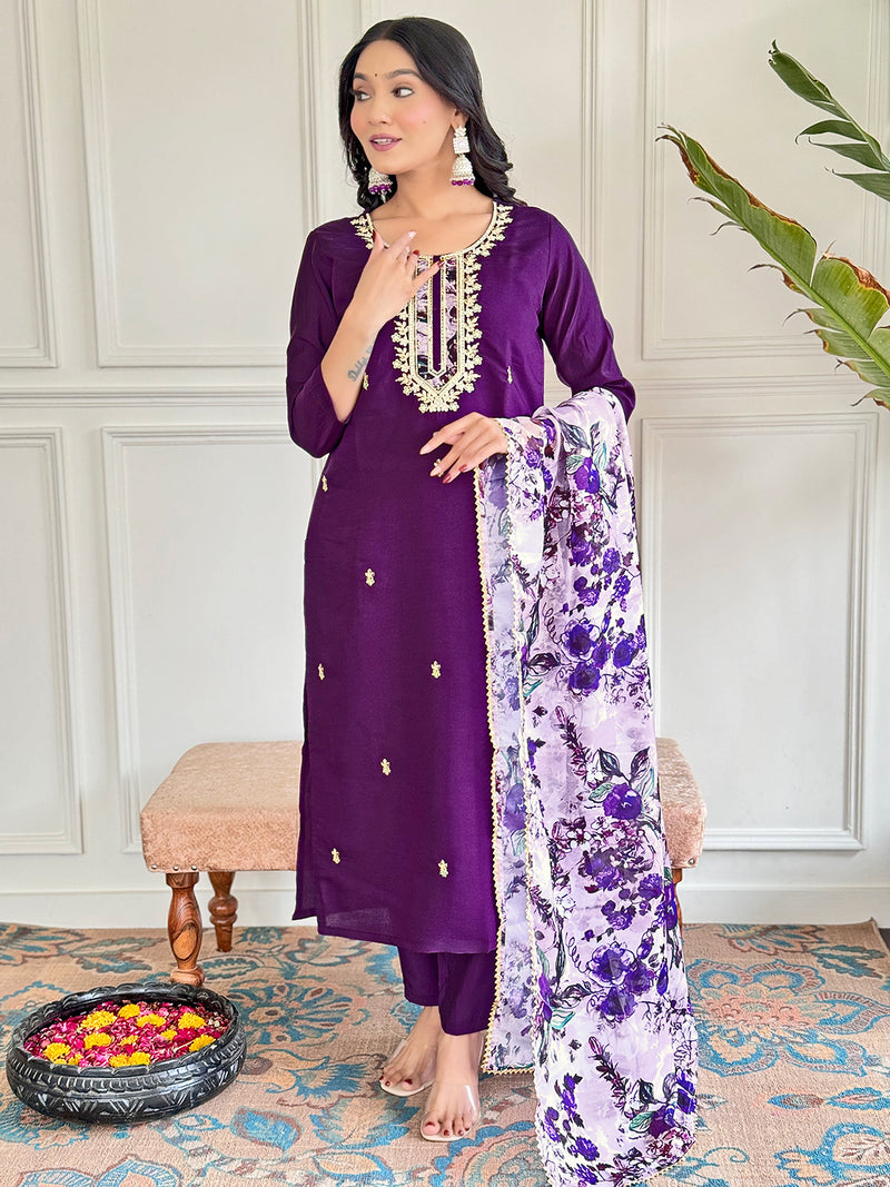 Floral Embroidered Sequinned Chanderi Silk Kurta with Trouser & Dupatta