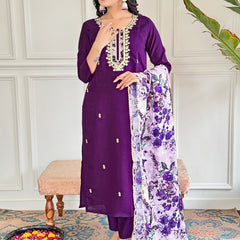 Floral Embroidered Sequinned Chanderi Silk Kurta with Trouser & Dupatta