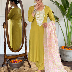 Embroidered Round Neck Regular Kurta With Trousers With Dupatta