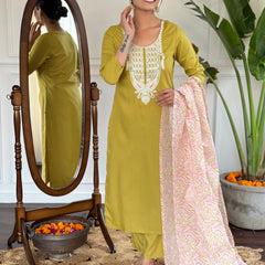 Embroidered Round Neck Regular Kurta With Trousers With Dupatta