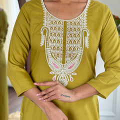 Embroidered Round Neck Regular Kurta With Trousers With Dupatta