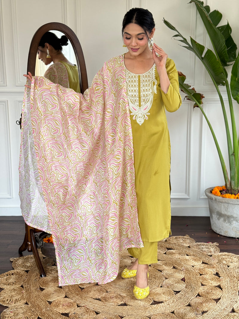 Embroidered Round Neck Regular Kurta With Trousers With Dupatta