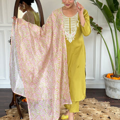 Embroidered Round Neck Regular Kurta With Trousers With Dupatta