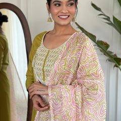 Embroidered Round Neck Regular Kurta With Trousers With Dupatta