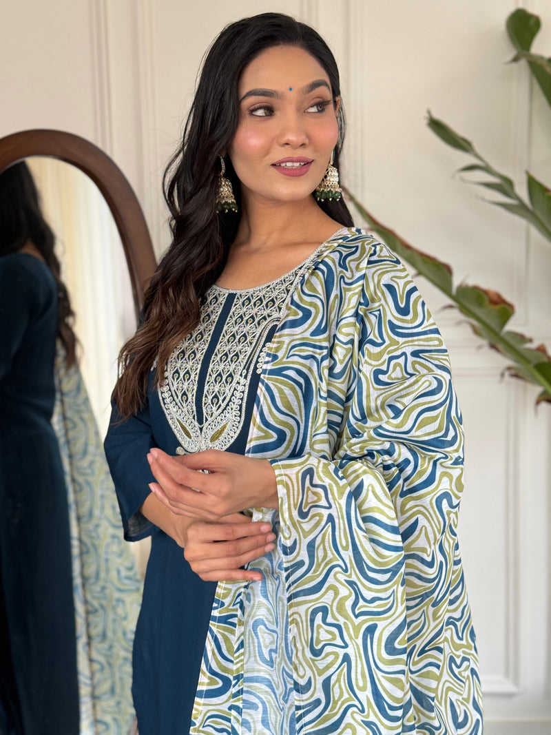 Embroidered Round Neck Regular Kurta With Trousers With Dupatta