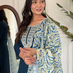 Embroidered Round Neck Regular Kurta With Trousers With Dupatta