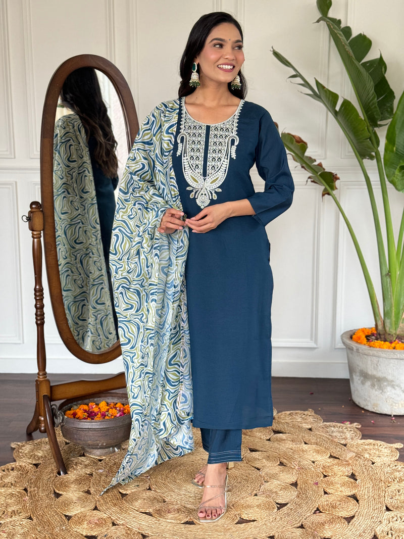 Embroidered Round Neck Regular Kurta With Trousers With Dupatta