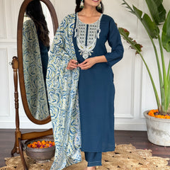 Embroidered Round Neck Regular Kurta With Trousers With Dupatta
