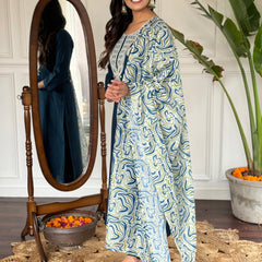 Embroidered Round Neck Regular Kurta With Trousers With Dupatta