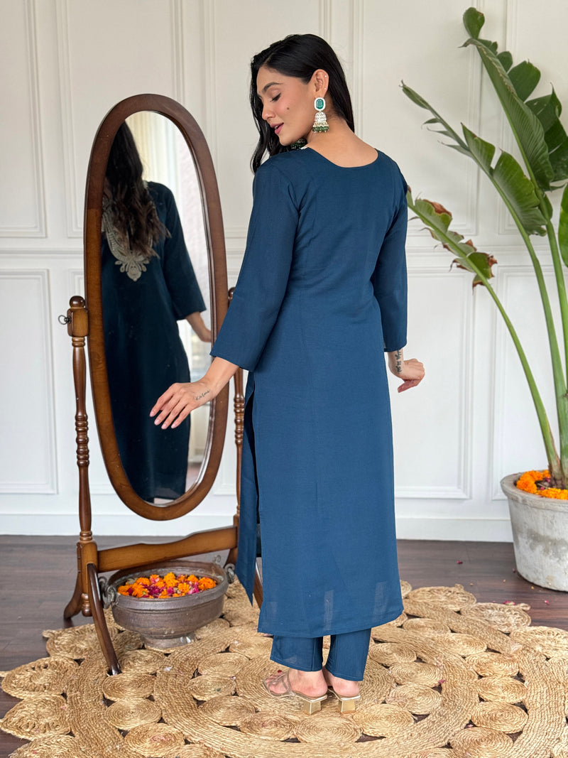 Embroidered Round Neck Regular Kurta With Trousers With Dupatta