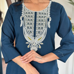 Embroidered Round Neck Regular Kurta With Trousers With Dupatta