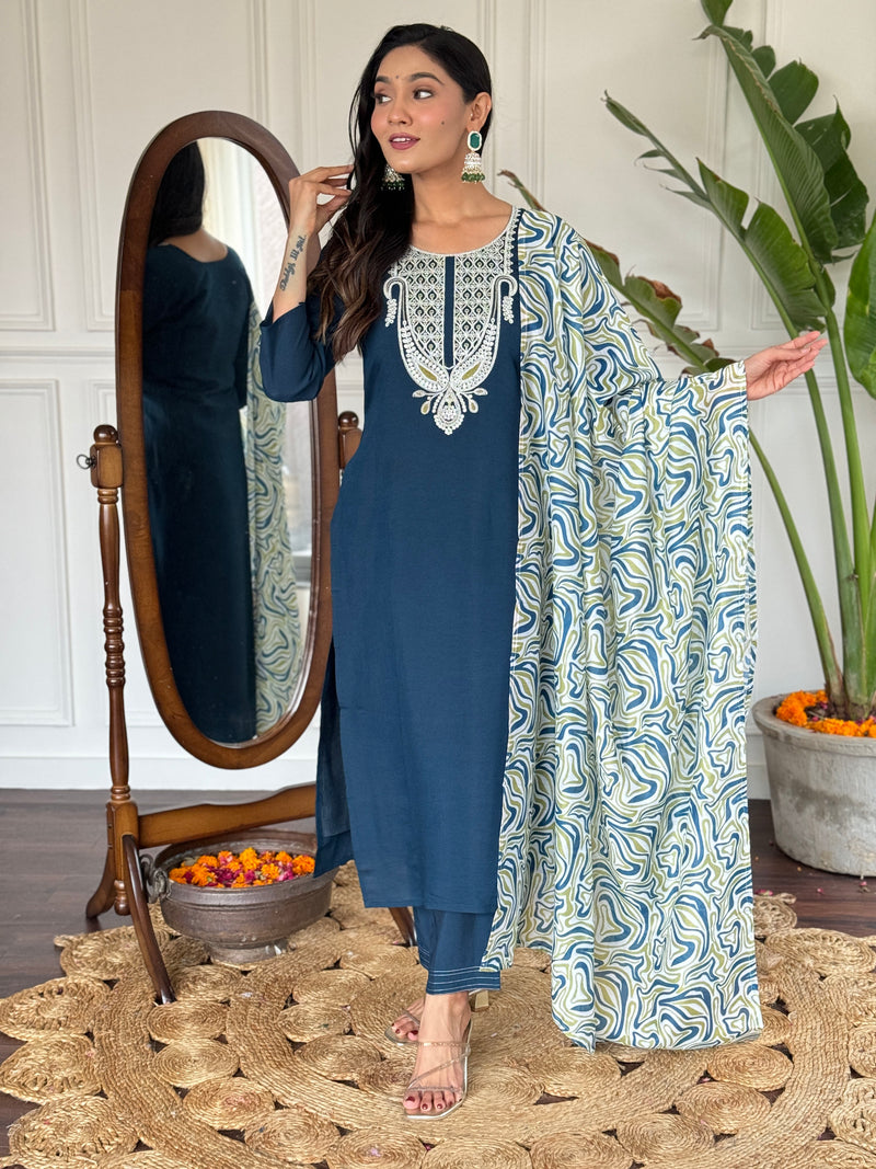 Embroidered Round Neck Regular Kurta With Trousers With Dupatta