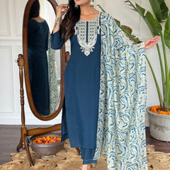 Embroidered Round Neck Regular Kurta With Trousers With Dupatta