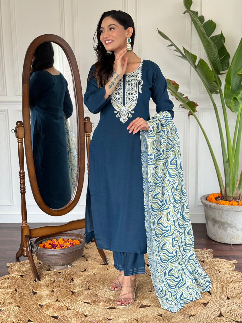 Embroidered Round Neck Regular Kurta With Trousers With Dupatta