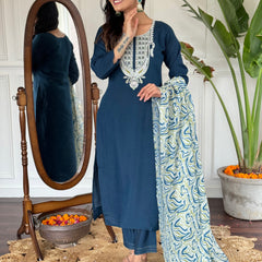 Embroidered Round Neck Regular Kurta With Trousers With Dupatta