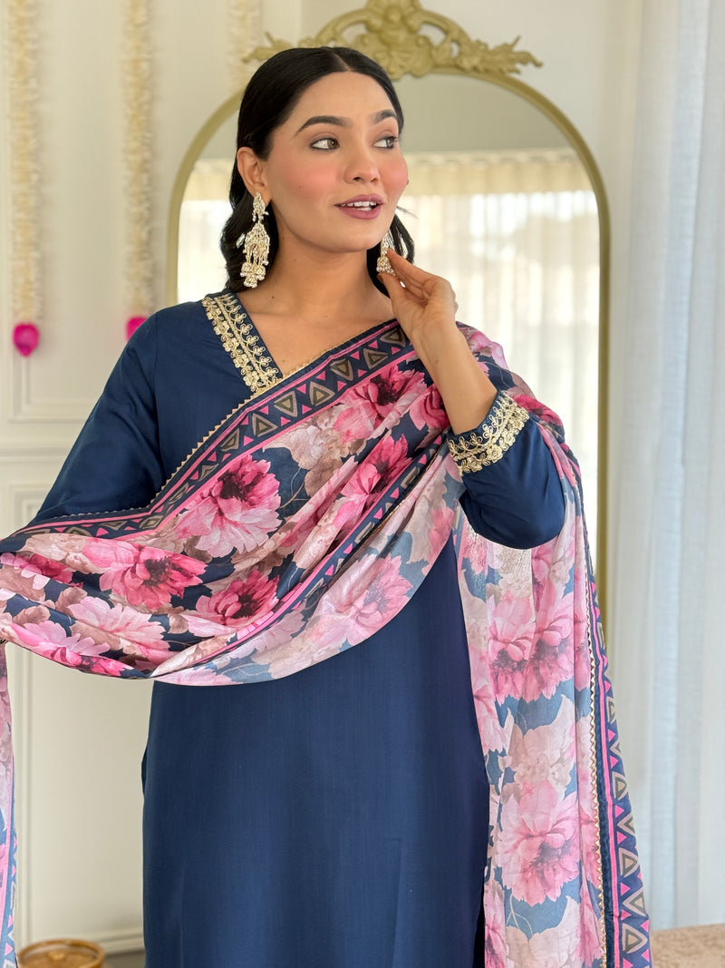 Navy Blue Kurti Floral Print Dupatta Set for Weddings