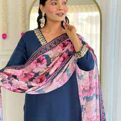 Navy Blue Kurti Floral Print Dupatta Set for Weddings