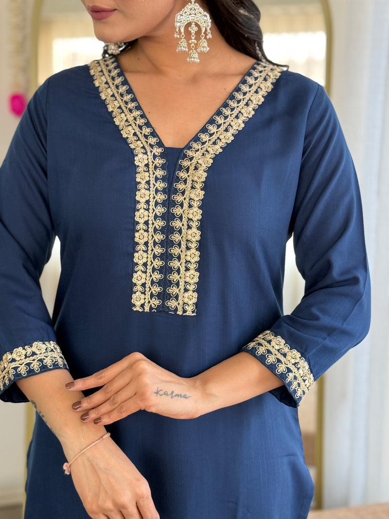 Navy Blue Kurti Floral Print Dupatta Set for Weddings