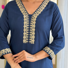 Navy Blue Kurti Floral Print Dupatta Set for Weddings