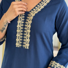 Navy Blue Kurti Floral Print Dupatta Set for Weddings