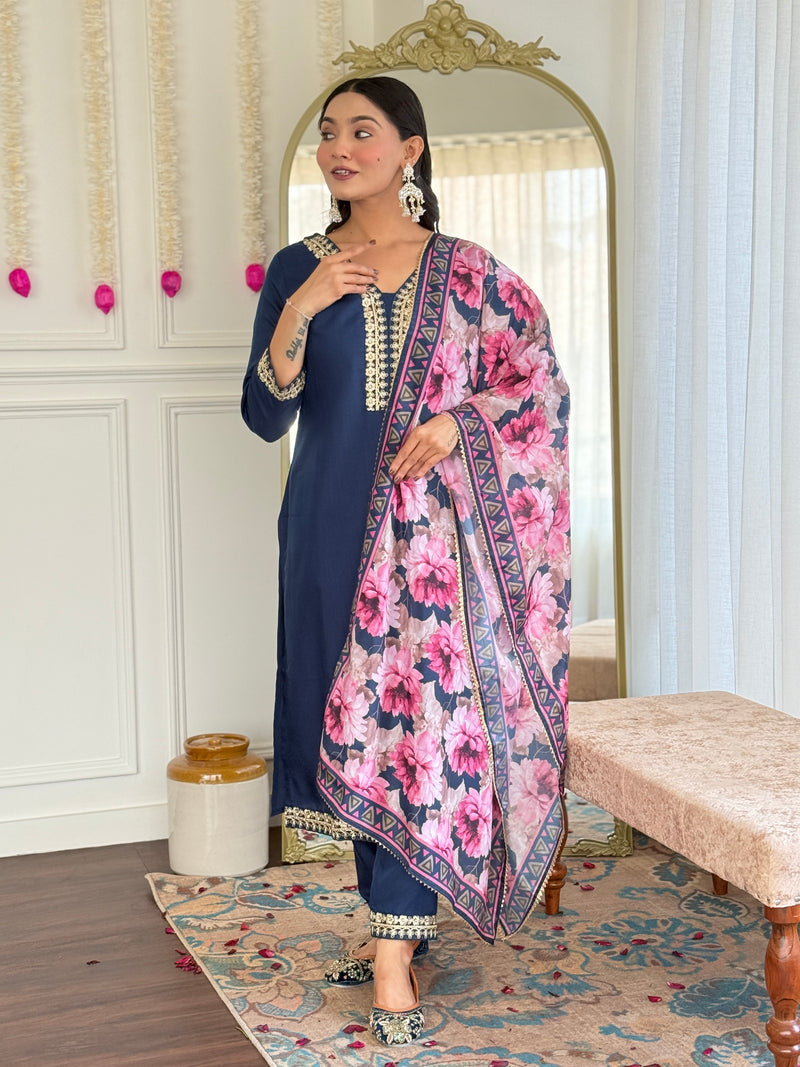 Navy Blue Kurti Floral Print Dupatta Set for Weddings