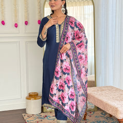 Navy Blue Kurti Floral Print Dupatta Set for Weddings