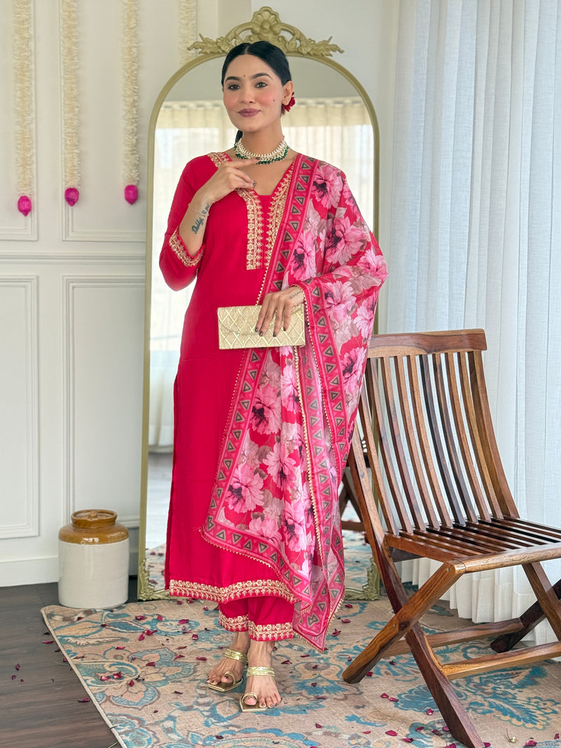 Traditional Embroidered Kurta Set with Floral Dupatta | Party Wear for Women