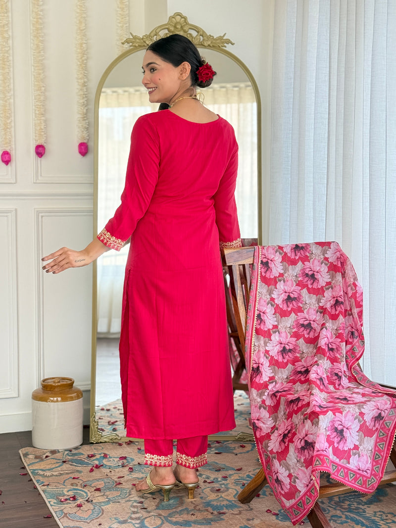 Traditional Embroidered Kurta Set with Floral Dupatta | Party Wear for Women