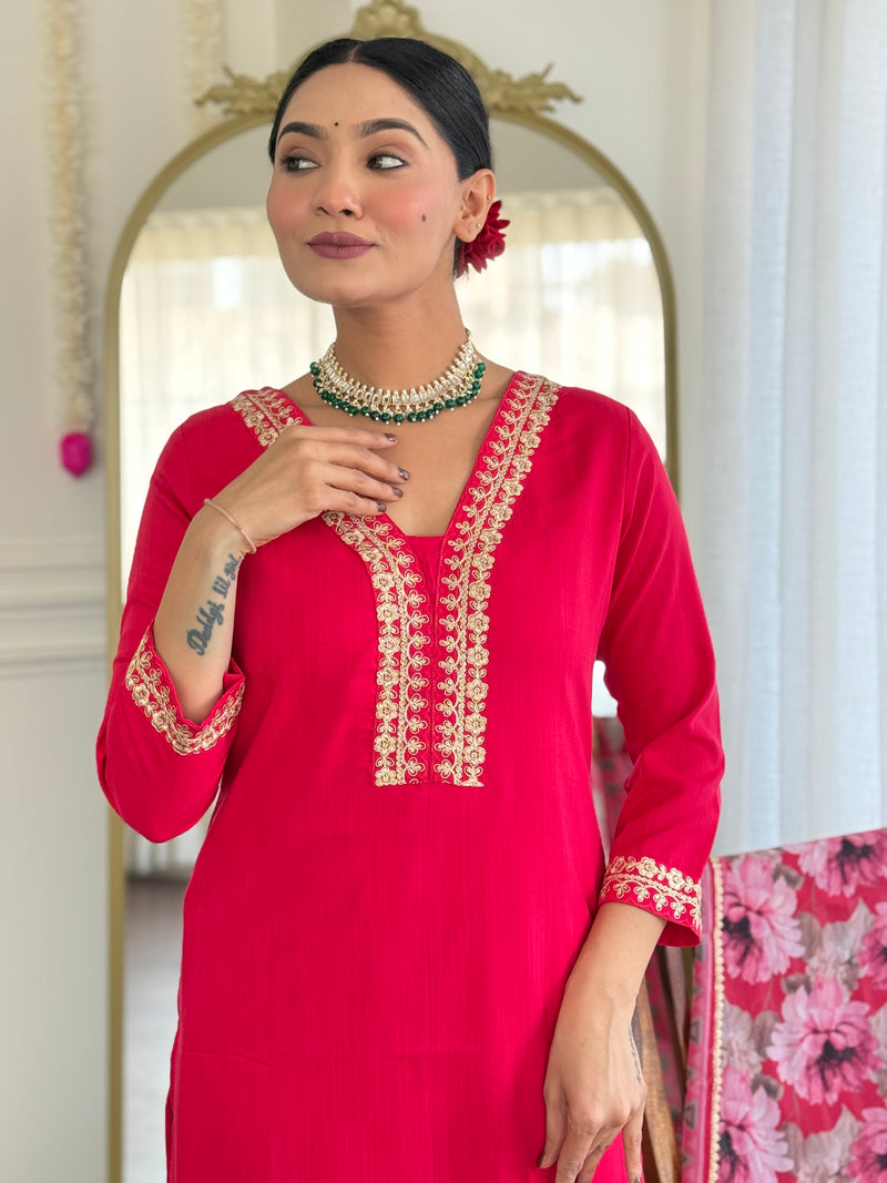 Traditional Embroidered Kurta Set with Floral Dupatta | Party Wear for Women