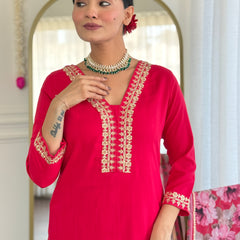 Traditional Embroidered Kurta Set with Floral Dupatta | Party Wear for Women