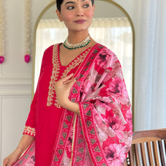 Traditional Embroidered Kurta Set with Floral Dupatta | Party Wear for Women