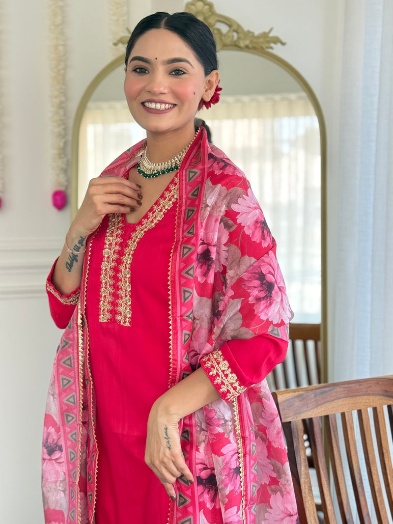 Traditional Embroidered Kurta Set with Floral Dupatta | Party Wear for Women