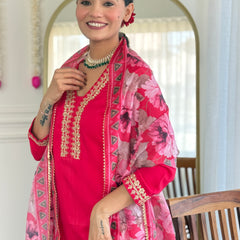 Traditional Embroidered Kurta Set with Floral Dupatta | Party Wear for Women