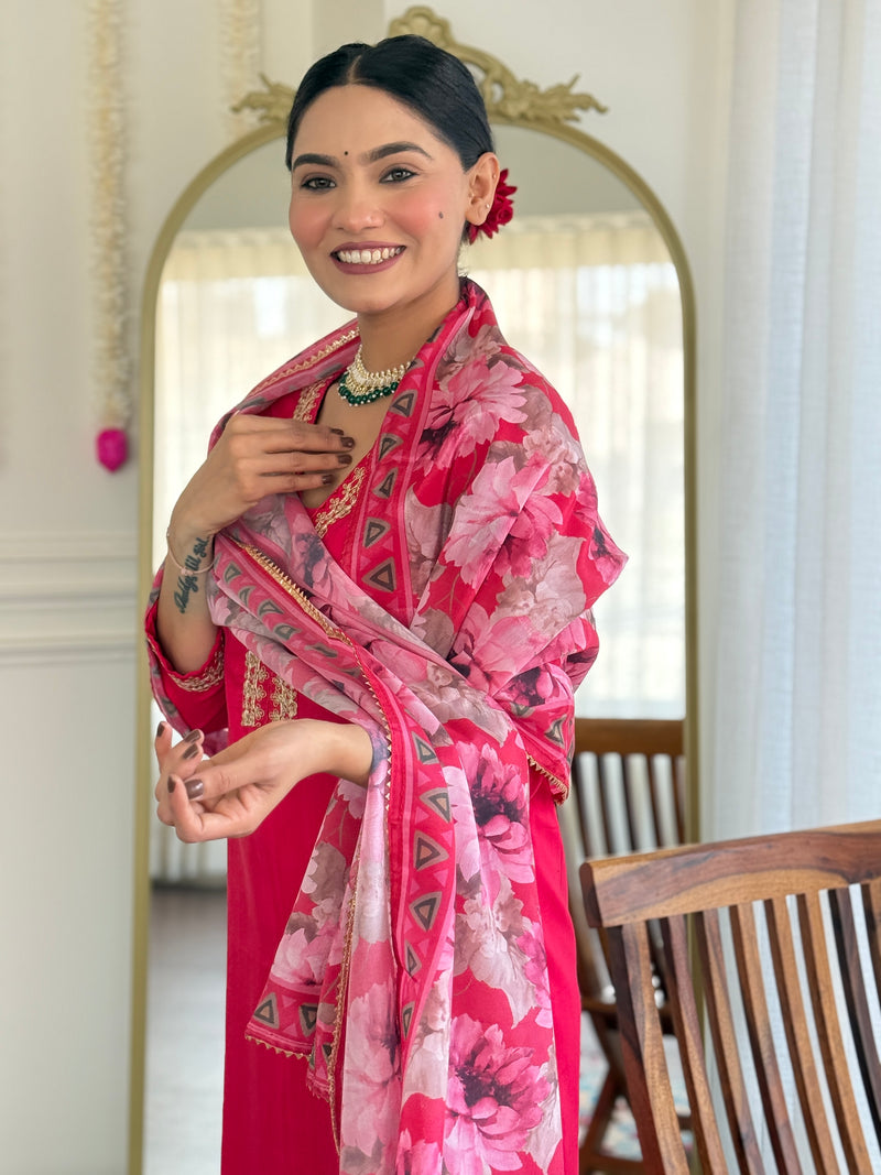 Traditional Embroidered Kurta Set with Floral Dupatta | Party Wear for Women