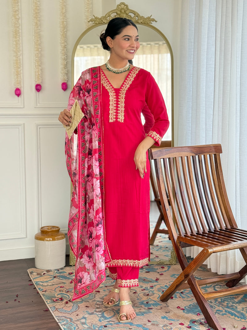 Traditional Embroidered Kurta Set with Floral Dupatta | Party Wear for Women
